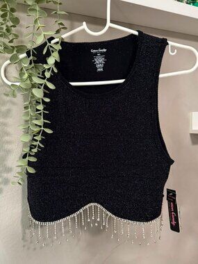 Cotton Candy LA Black Rhinestone Fringe Crop Top M-L